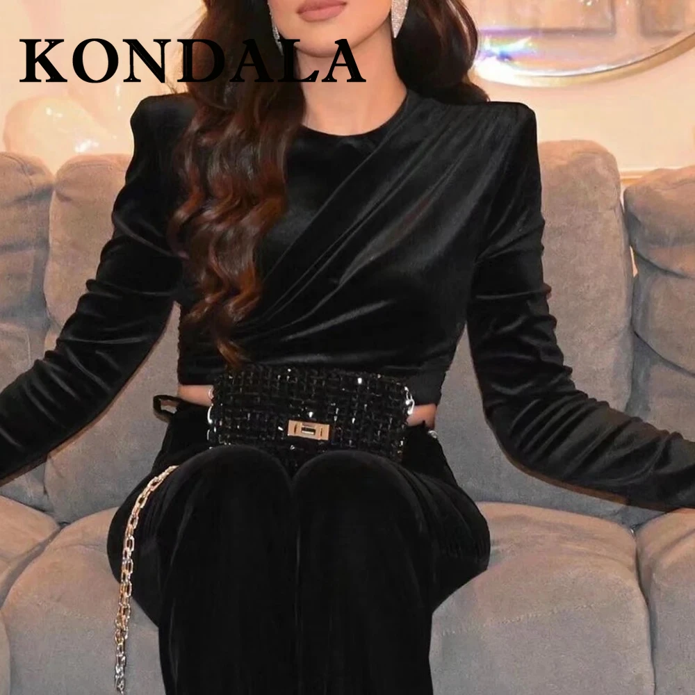 KONDALA 2025 Winter Women Vintage Solid Velvet Sweaters Zipper O-Neck Slim Sweater Short Ruched Black Elegant Women Sweaters