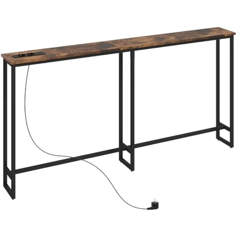 Mesa consola HOMCOM estrecha de 160 cm con estación de carga, marco de sofá consola receptora, estilo industrial de acero