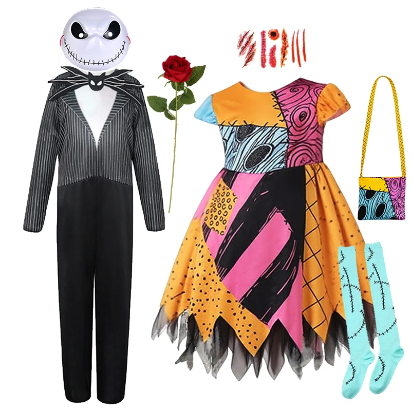Kids Patchwork Rag Doll & Bone Spirit Costume Set Tulle Dress Jumpsuit Mask Halloween Carnival Cosplay Party Outfit