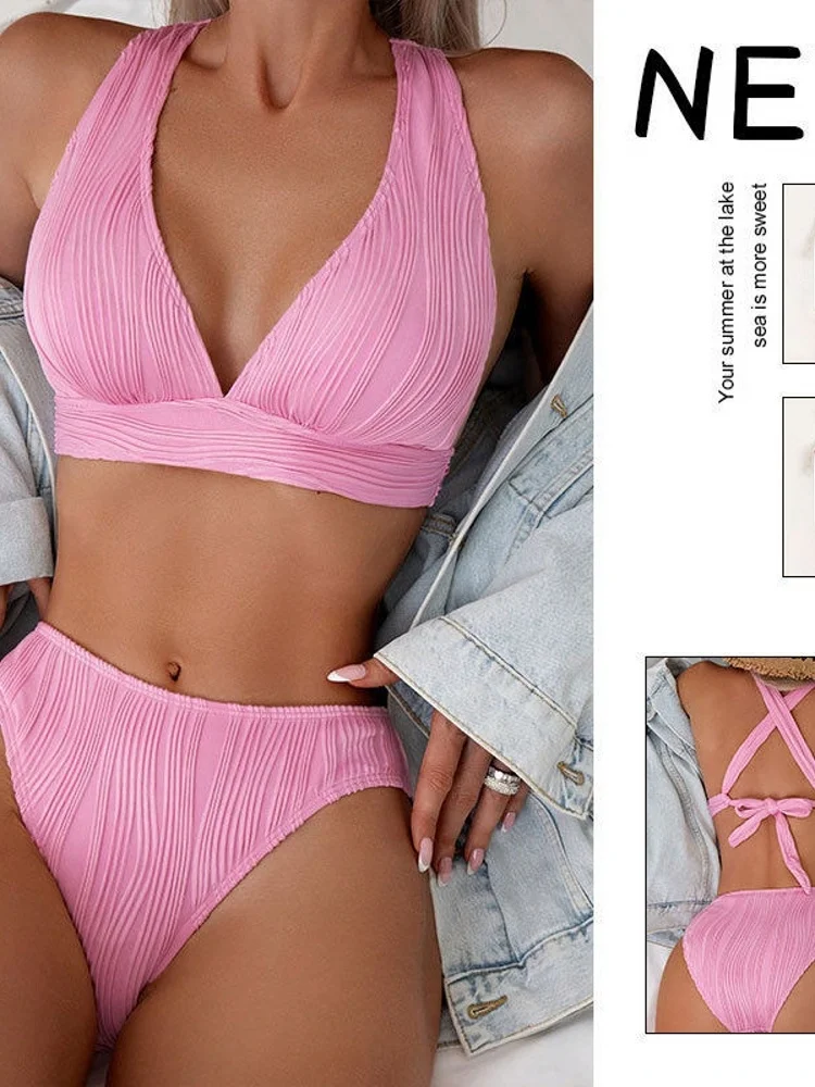 

Summer Pure Color Sexy Hanging Neck Strap Bikini Beach Swimming Suit Casual Surfing Swimsuit with Chest Pad No Steel Support