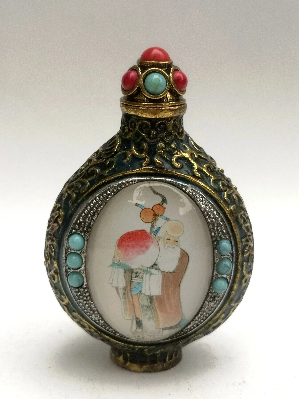 Collection Old China Cloisonne Bronze Carving Inlay God of Longevity God of Wealth Painting Snuff Bottles