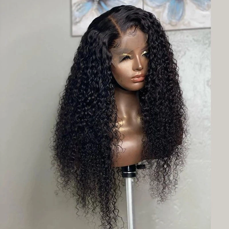 Natural preto macio preplucked 26 Polegada longo 180 densidade perucas dianteiras do laço para mulheres kinky encaracolado com cabelo do bebê sem cola boa textura