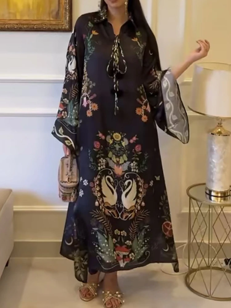 Lapel Three Quarter Sleeve Retro Printing V Neck Dress Autumn Elegant Women Loose Party Dress Femme Lacing Up Maxi Dress Vestido