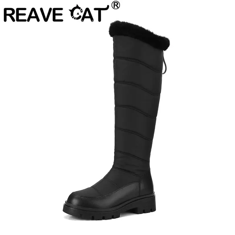 REAVE CAT Black Women Snow Winter Boots Round Toe Slip On Warm Plush Waterproof Outdoor Knee High Botas Large Size 41 42 43 44