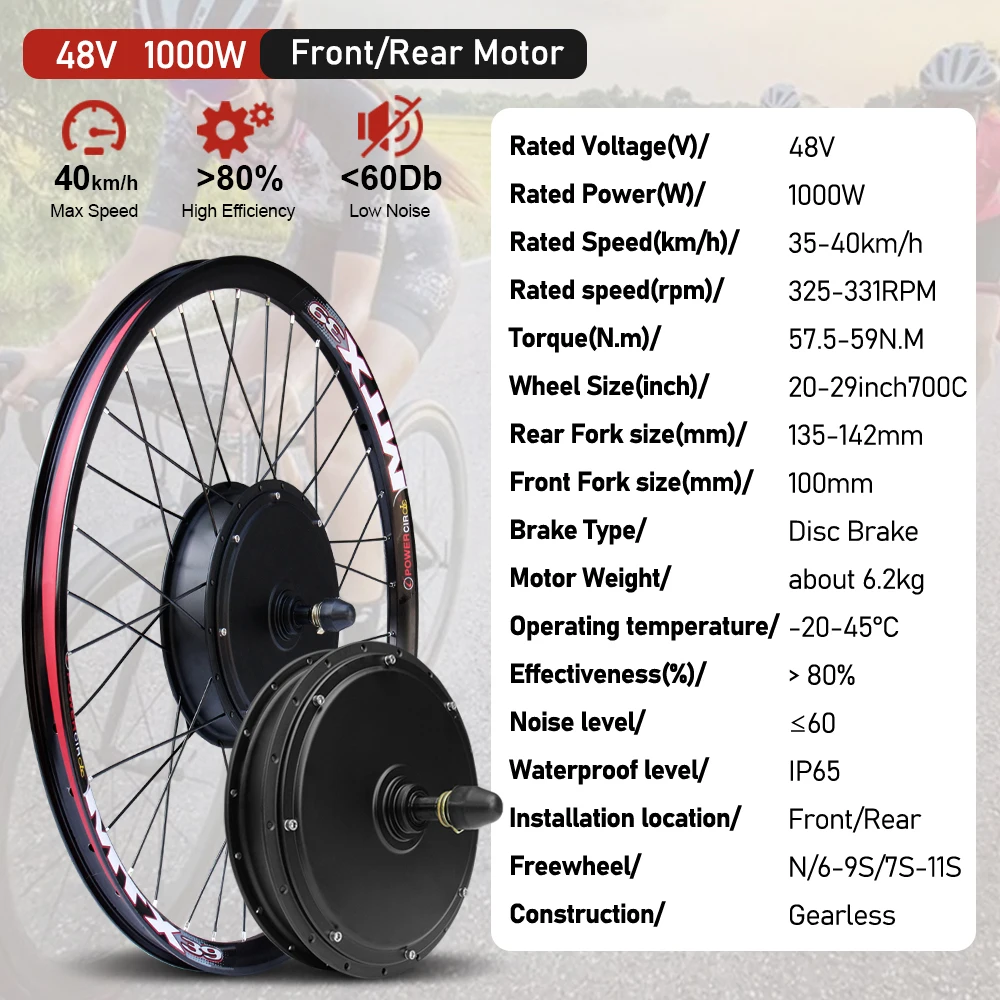 Комплект для переоборудования электровелосипеда MTX 48V 1000W с бесщеточным мотор-колесом (переднее/заднее) 20/26/27.5/28/29 дюймов