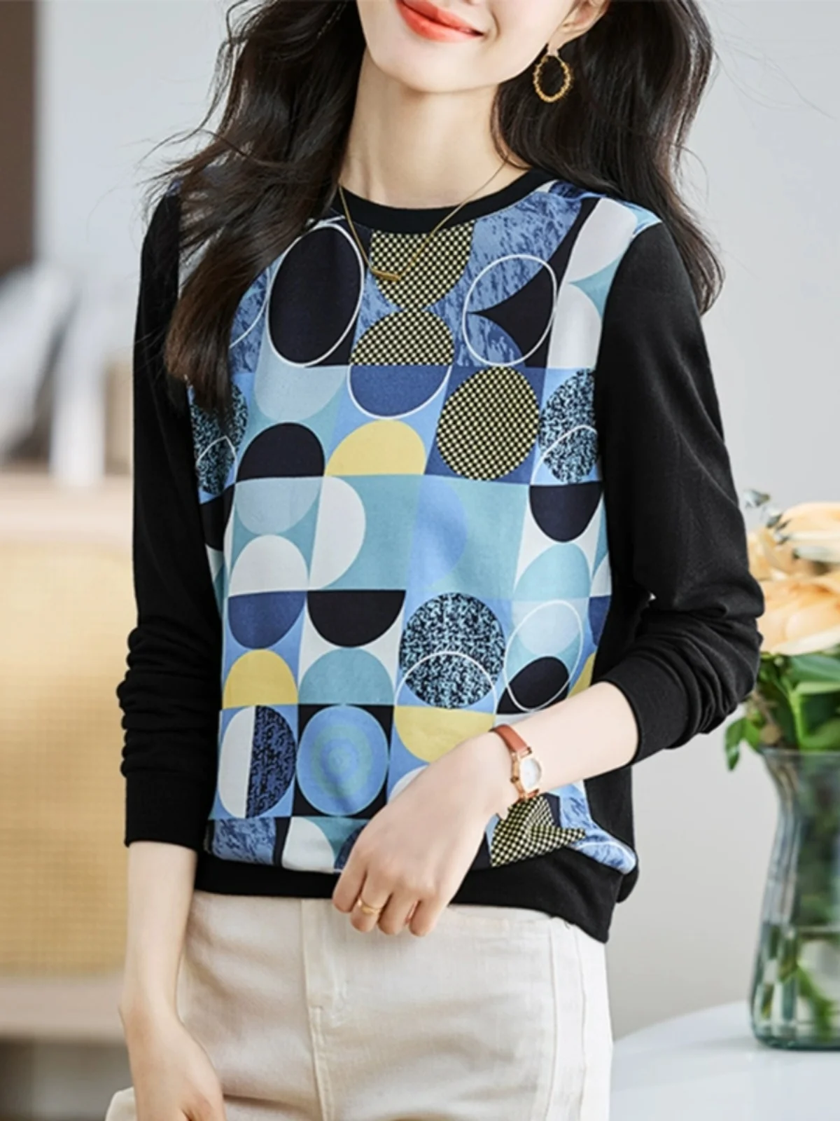 

Slimming Knitted Long Sve round Ne Printed Women's Top Spring Autumn Faionable Ladies' Crew Ne Pullover Polyester Fiber