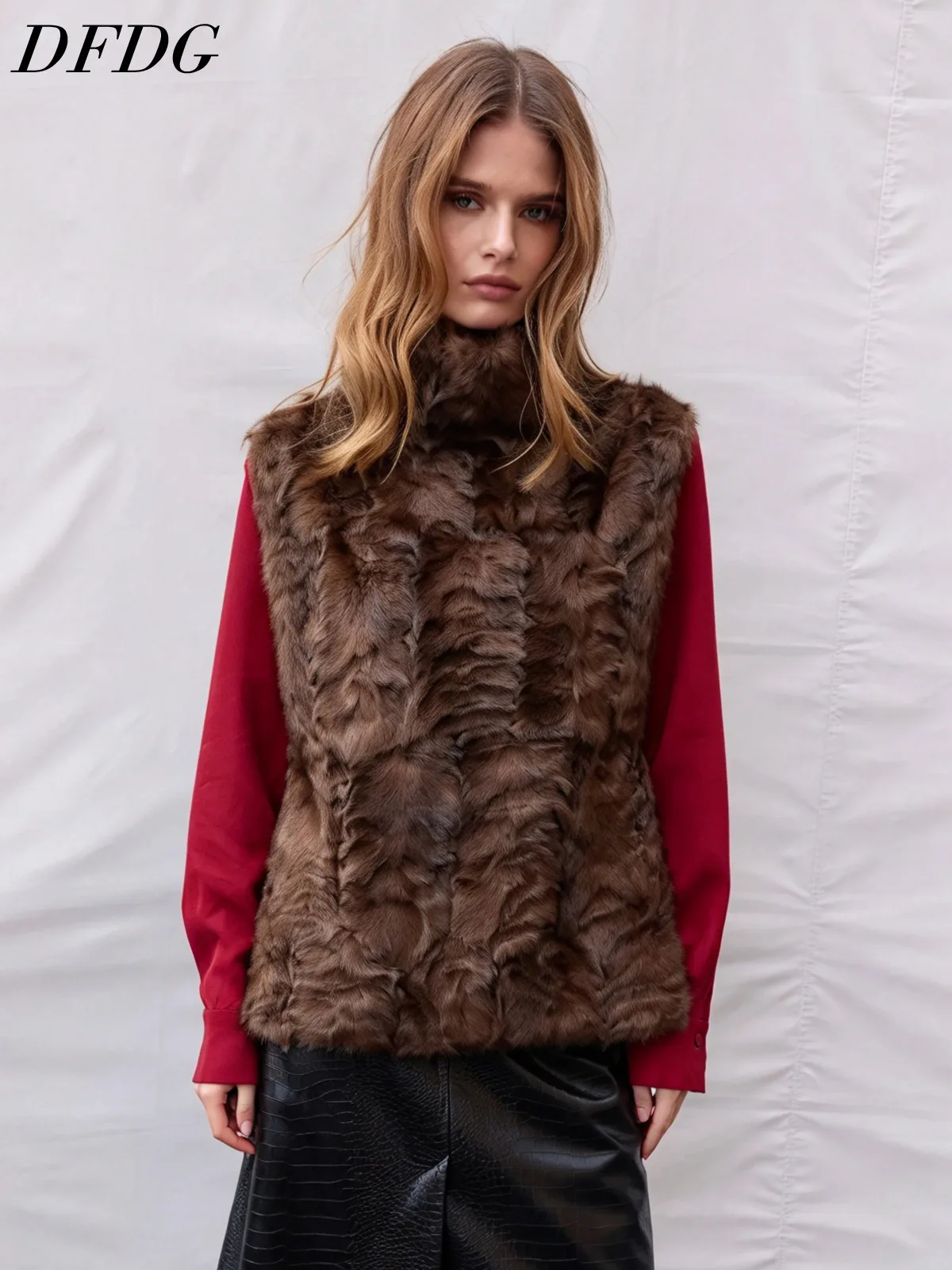 DFDG Women Faux Fur Vest High Neck Sleeveless Gilet Textured Curly Fluffy Plush Winter Layering Warm Fashion Outerwear Waistcoat