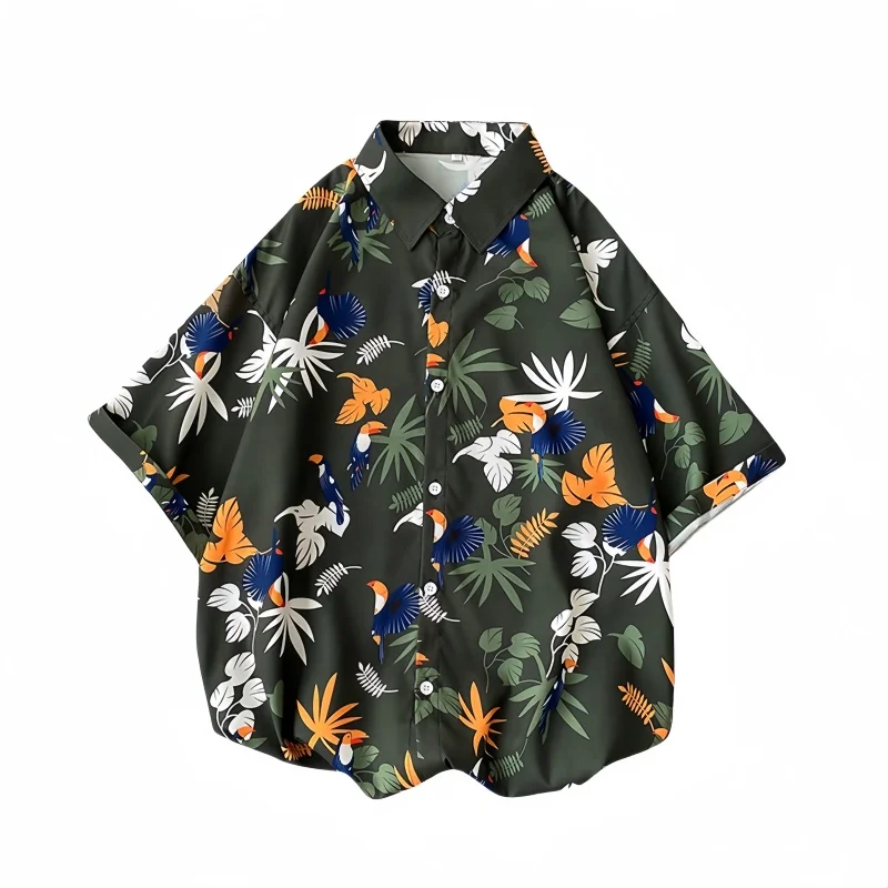 Summer Men's Thin Short Sleeve Printed Shirt Fashion Loose Casual Handsome Top Vintage Hawaiian Beach Vacation Floral Shirt