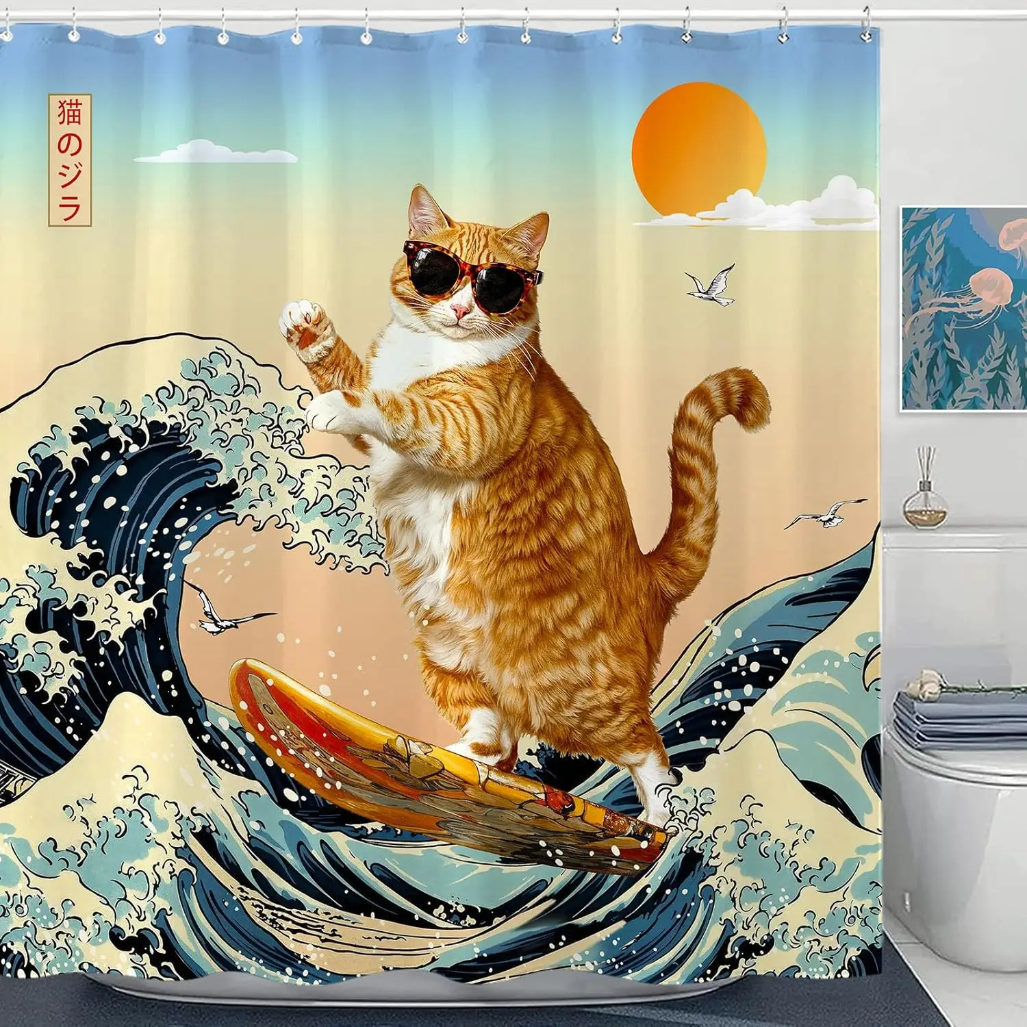 Funny Cat Shower Curtain Set Great Wave Art Style Relaxing Feline Waterproof Bathroom Shower Curtain Japanese Scene Home