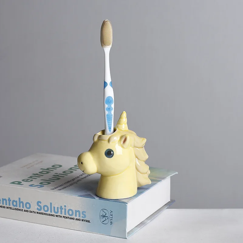 Suporte de escova de dentes de cerâmica em forma de animal bonito, suporte de base de escova de dentes, tubo de armazenamento de dentes de banheiro doméstico, decoração de banheiro