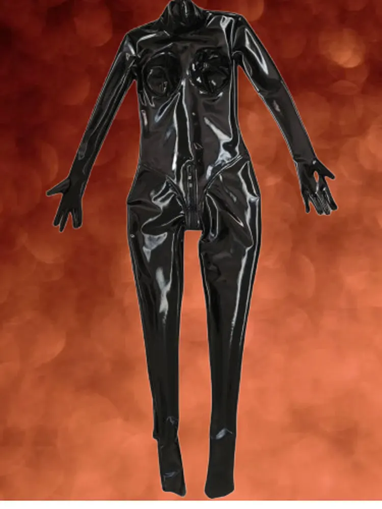 Wetlook PVC Shiny Jumpsuit Shaping Breast Hot Sexy Zentai Faux Latex Bodysuit Five Finger Glove Full Body Tigths Woman Leotard