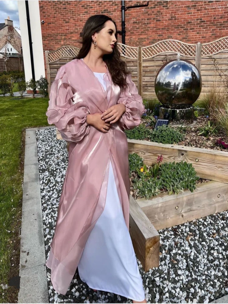 

Eid Satin Abaya Kimono Summer Elegant Puff Petal Sleeve Muslim Hijab Dress Open Abaya for Women Dubai Islamic Turkey Kaftan Robe