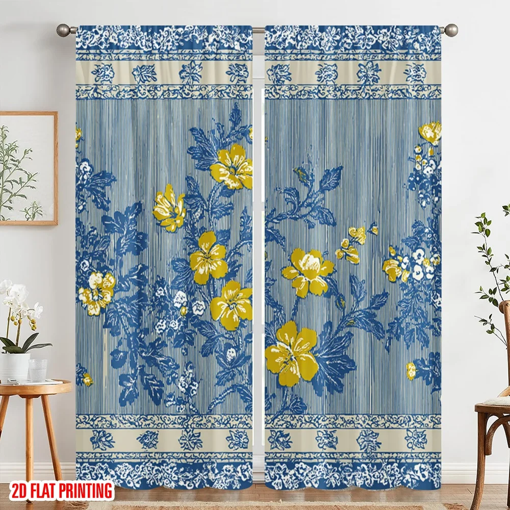2 قطعة، ستائر مطبوعة بطباعة طائرة أزرق أصفر خطوط زهرية بوليستر (بدون قضيب) ديكورات داخلية للاستخدام لغرفة النوم،