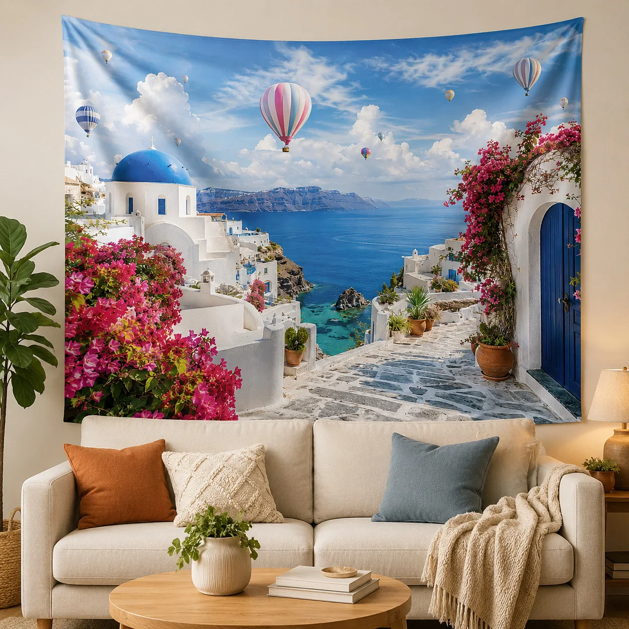 antorini Greece Tapestry Blue Dome Hot Air Balloon Aegean Sea Bougainvillea Wall Hanging, Coastal Decor, Lovely Holiday Gift