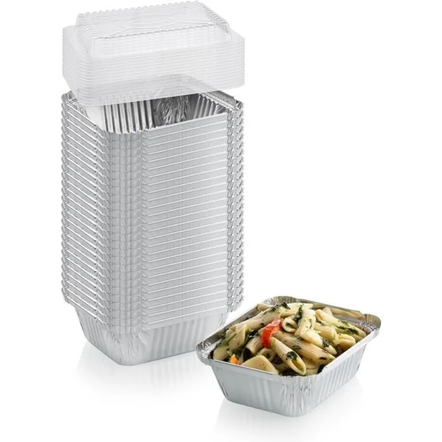 مقلاة مستطيلة للاستعمال مرة واحدة مقاس 8.75 بوصة طول × 6.12 بوصة عرض مع أغطية قبة - مقالي مستطيلة من رقائق الألومنيوم 2.25 رطل: قابلة لإعادة التدوير بنسبة 100%: مثالية للخبز