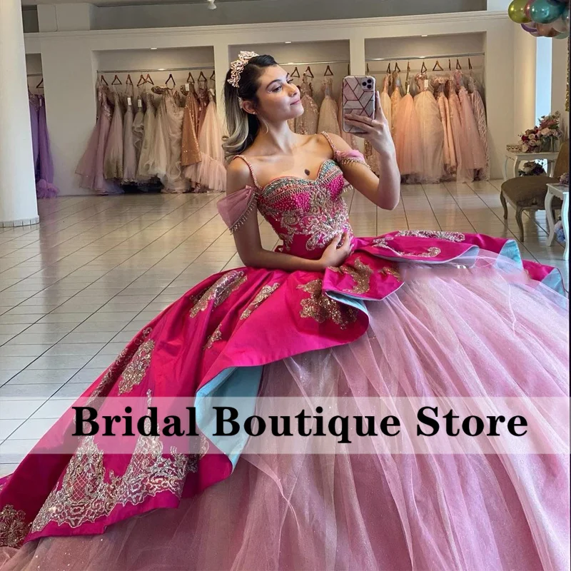 Vestido Princesa Quinceanera, Pérolas de cristal, Vestidos de baile, Apliques de Ouro, Mexicano, Luxo, Mexicano, 15, 16, 2023