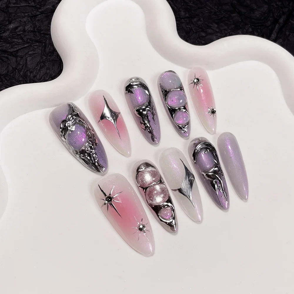 

Handmade Luxury Y2k Press on Nails Long Stiletto Goth Design Reusable Adhesive False Nails Full Cover Wearable Nail Tips Girls