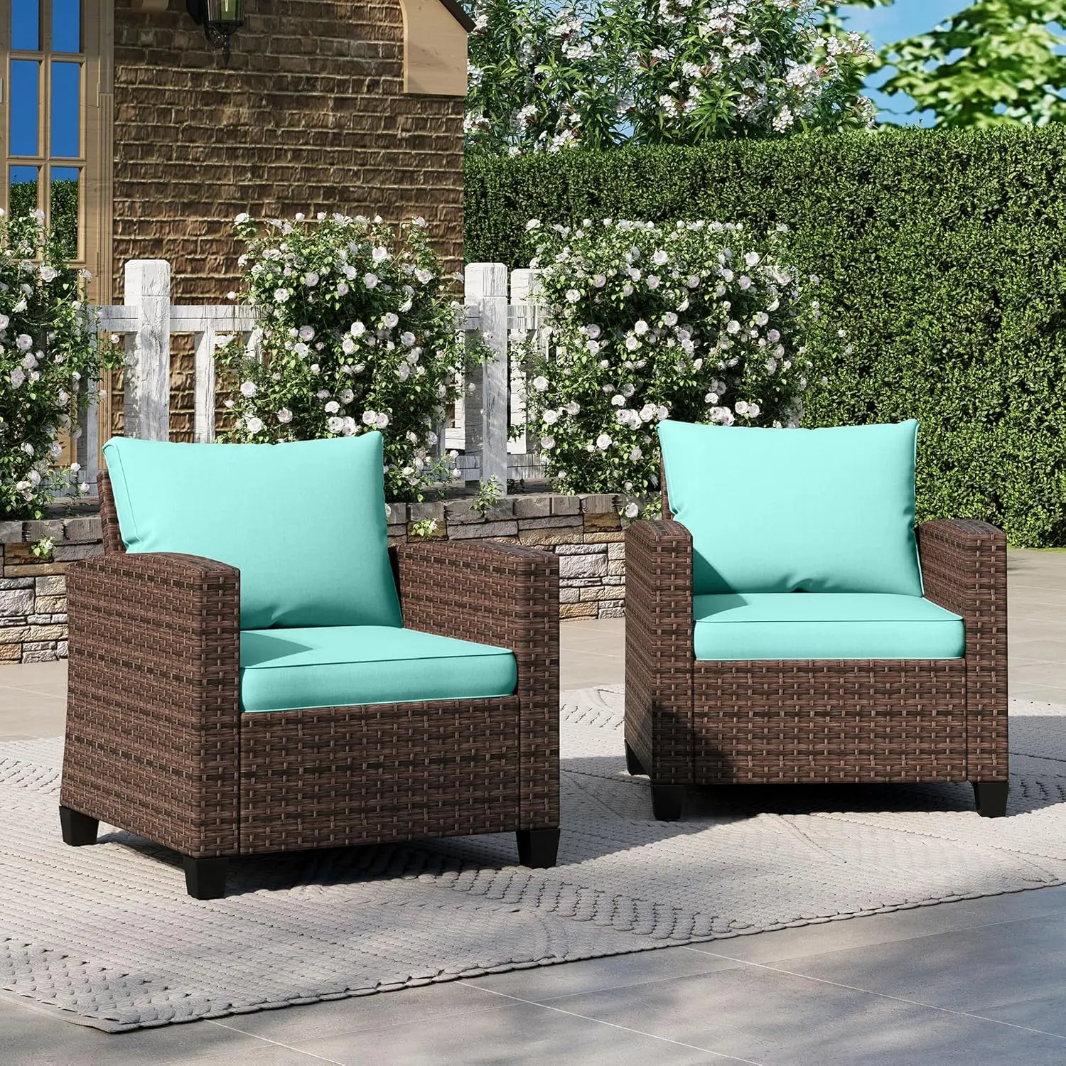 

Плетеные стулья для патио, комплект из 2 уличных стульев из ротанга, набор плетеной мебели для бесед на открытом воздухе с подушками толщиной 4 дюйма