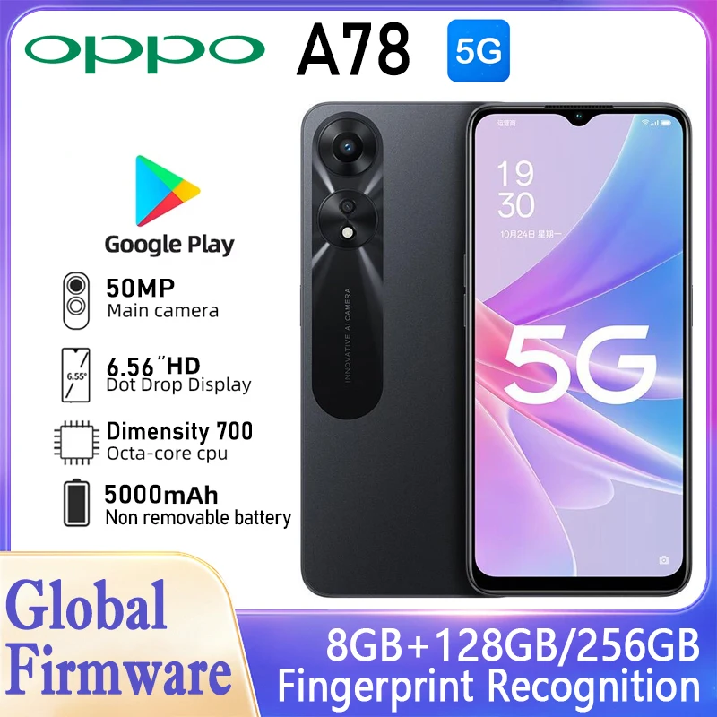 OPPO A78 5G 스마트폰 글로벌 펌웨어 MTK Dimensity 700 RAM 8GB ROM 256GB 6.56" 메인 카메라 50MP 5000mAh 배터리