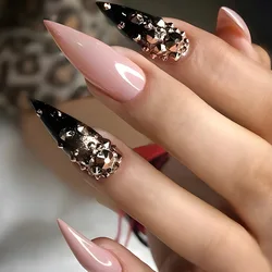 24pcs Punk Style Fake Nails Pink Black Pointed Diamond Design False Nail Patch for Girl Women Wearable y2k Style Press on Nails