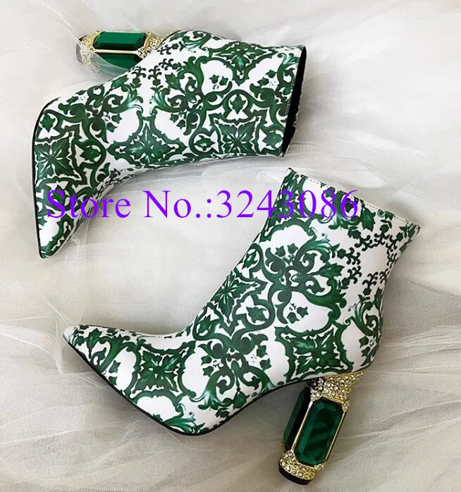 Green Suede Green Crystal Chunky Heel Lady Ankle Boots Sexy 10cm Gemstone Embellished Heels Woman Short Boots