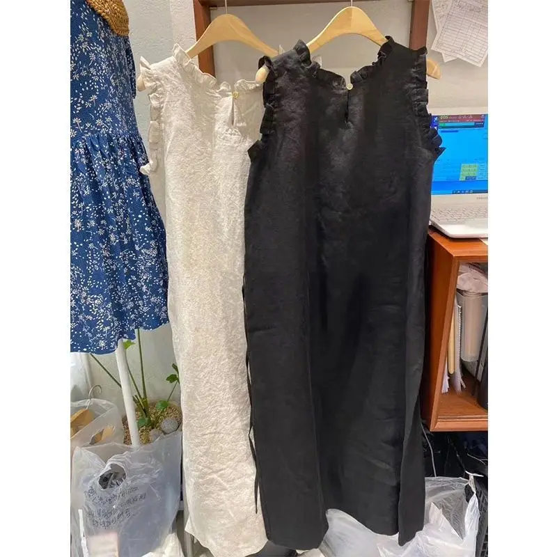 Advanced Loose Sleeveless Cotton Linen Vest Dress Vestidos De Mujer Black Women Dress Tanks & Camis