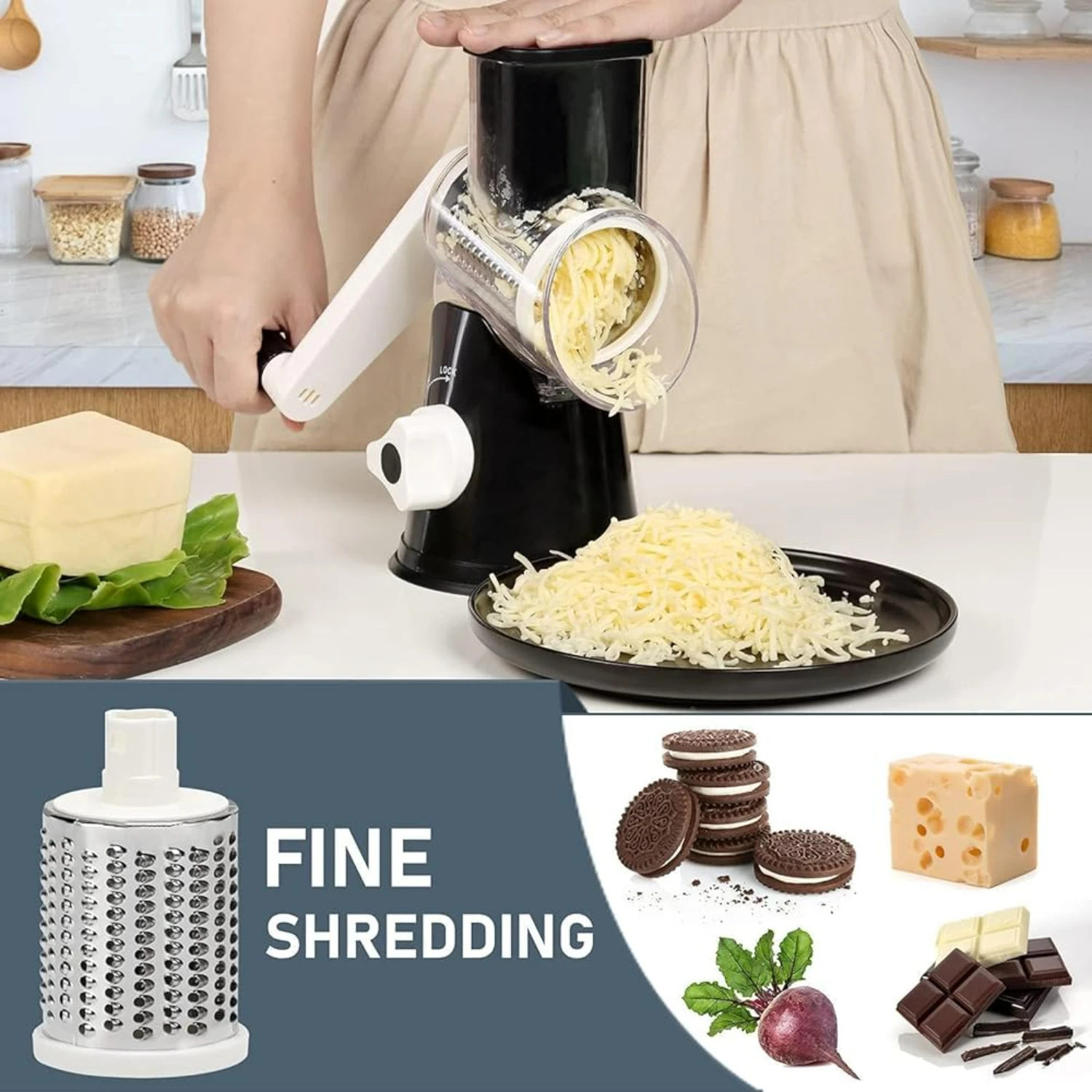 

Efficient and Versatile Dark Blue Ergonomic Rotary Cheese Grater with 3 Interchangeable Blades - Convenient Kitchen Gadget for E