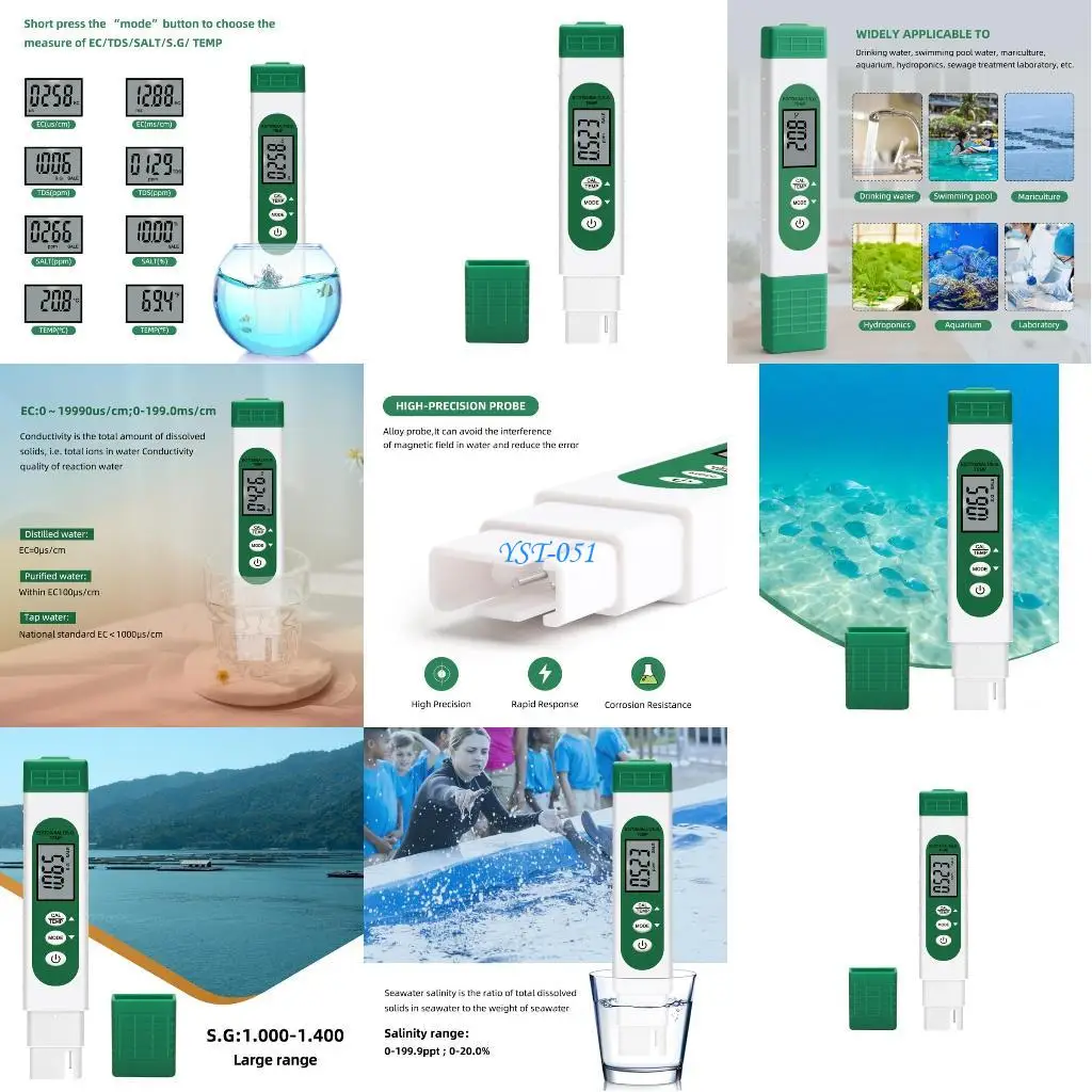 

E15A Water Quality Tester 5 in 1 EC Salt S.G Temp Test Pen Water Quality Detector