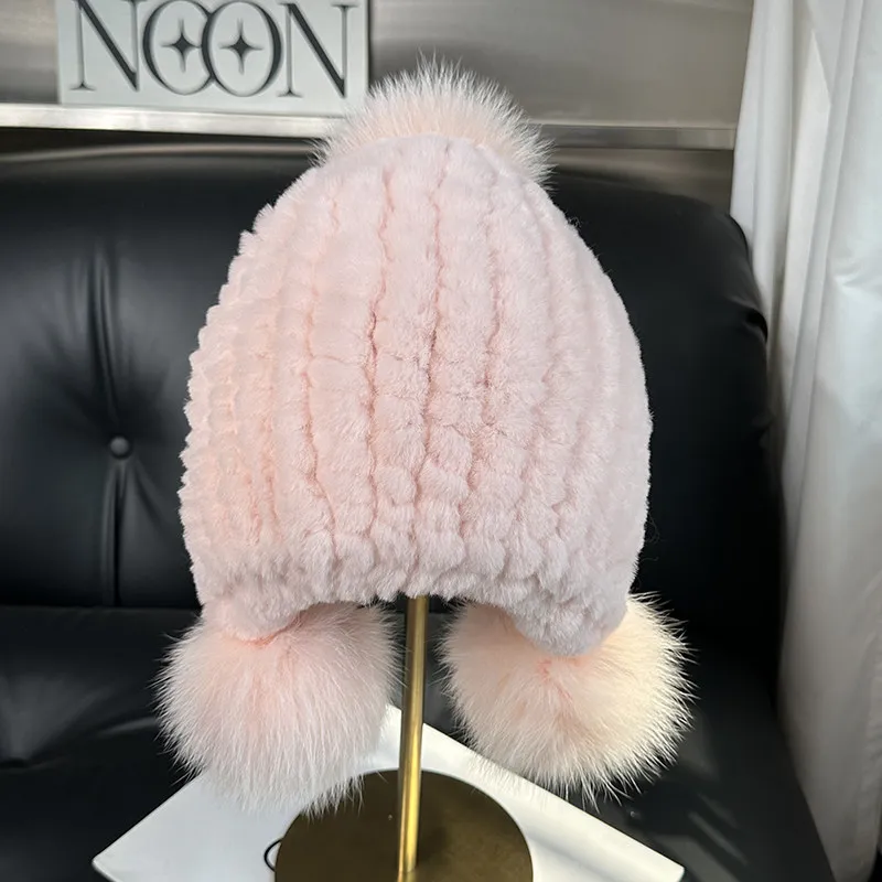 Rex Rabbit Fur Children Hat Winter Warm Kids Plush Fur Beanie Fluffy Cute Fur Ear Flap Hat Soft Fur Pom Pom Kids Hat