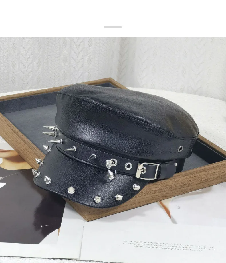 Y2k Punk Style Rivet Spikes PU Leather Women's Hats for Autumn Winter Dark Retro Cool Flat Top Military Cap Biker Hat