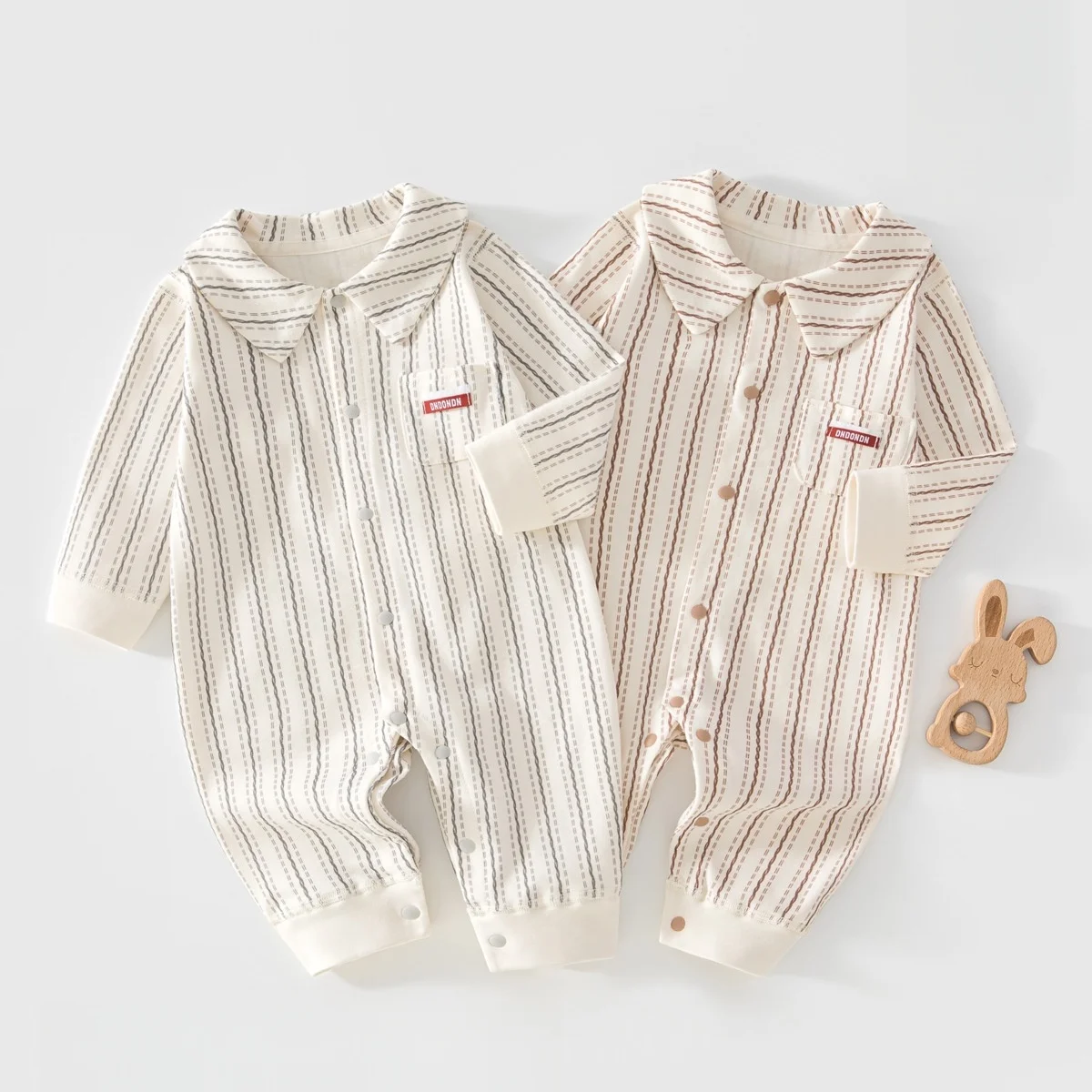 Autumn Casual Baby Bodysuit Letter Patch Stripe Turn Down Collar Romper For Newborn Boys Girls Cotton Infant Jumpsuit