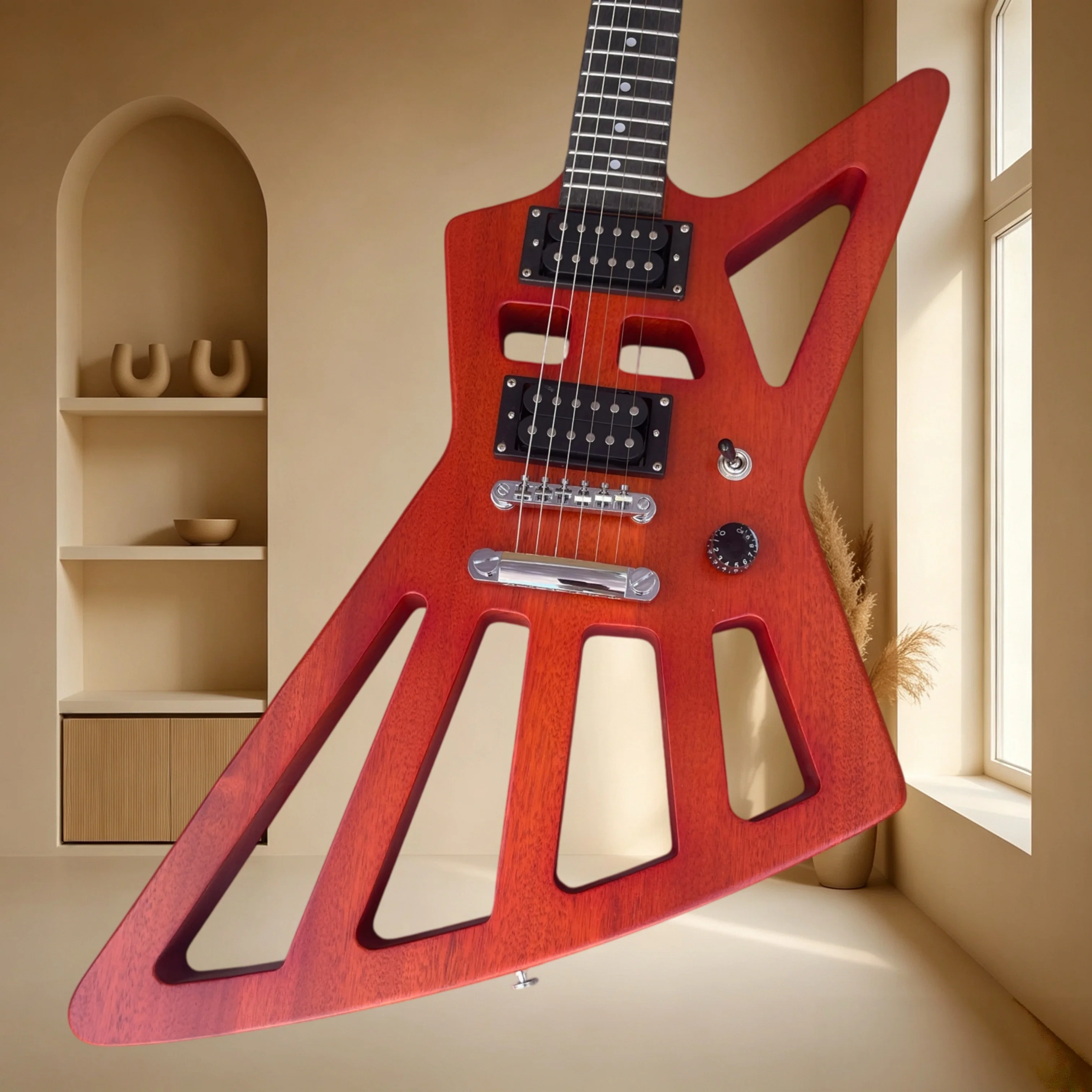 Hollow Cutaway V Shape Electric Guitar Mahogany Body Red Matte Finish Dual Humbuckers Heavy Metal Hard Rock Stage Guitar