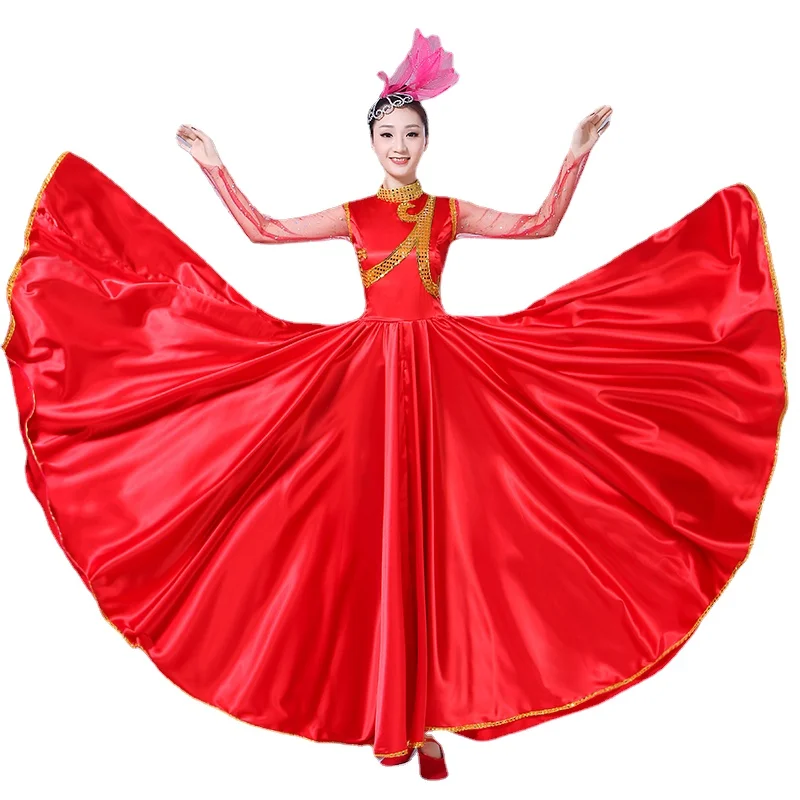 New  Adult Female Long Dress Woman Show Costume Opening Dance Large Swing Dress Chorus Performance and Spanish Dance Wear Red