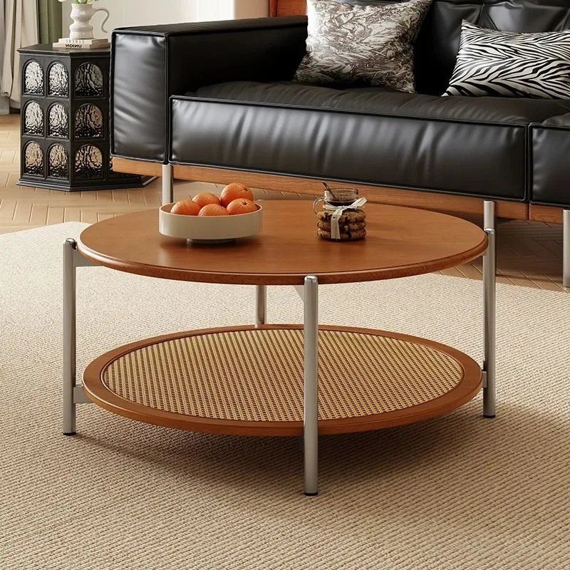 

Minimalist medieval coffee table small apartment living room household rattan edge table retro stainless steel glass square