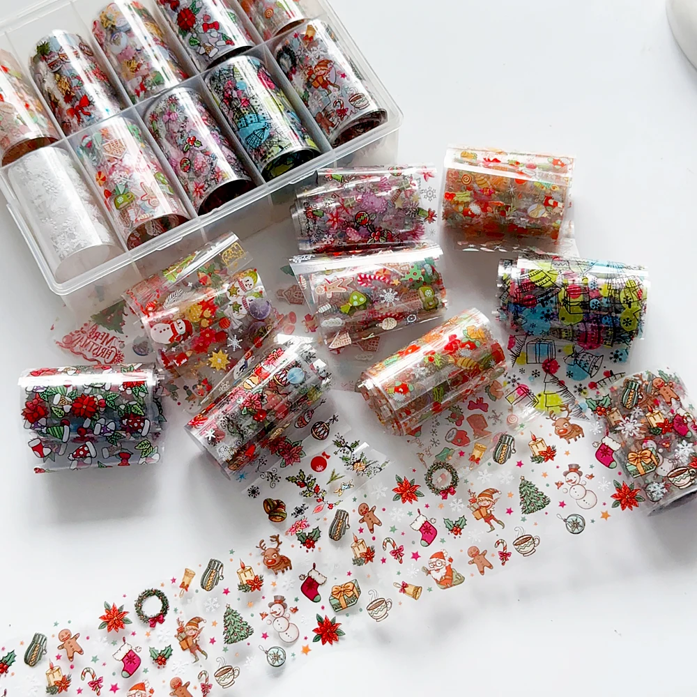 10 rotoli di adesivi per trasferimento di fogli per nail art natalizi, fiocchi di neve colorati, albero di Natale, modelli di pupazzo di neve, decalcomanie per unghie, manicure invernale