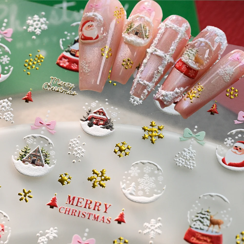 1pc 5D Natale Fiocco di neve dorato Adesivo per unghie Squisito fiocco in rilievo Palla di cristallo di neve Babbo Natale Decalcomania per unghie Vacanze di Natale NailSlider