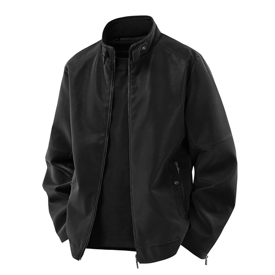 Autumn Winter Fleece PU Jacket Men Motorcycle Biker Stand Collar Jacket Coat Fashion Casual Cargo Jacket Male PU Coat Black