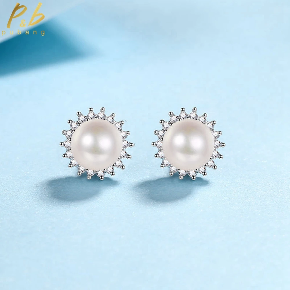 

PuBang Fine Jewelry Solid 925 Sterling Silver Real Moissanite Diamond Sunflower Pearl Stud Earrings for Women Gift Drop Shipping