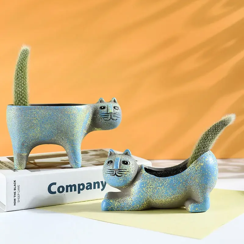 

Cat flower pot cartoon cute desktop green plant retro flower pot ceramic desktop personalized creative potted cactus model