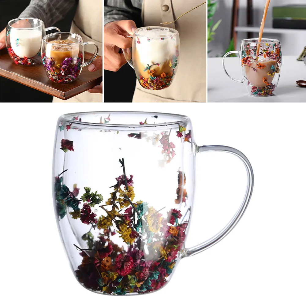 Double Wall Glass Cup with Handle Real Dried Flower Coffee Milk Cup High Borosilicate Heat Resistant Tea Mug Kitchen Supplies