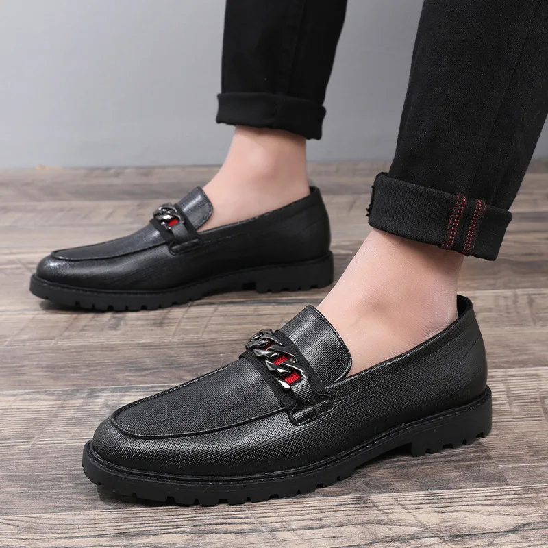 Men's Trendy Designer Classic Loafers Metal Chain Mens Slip-on Casual Leather Shoes