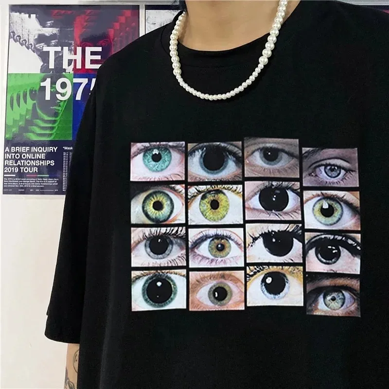 2024 Women T-Shirt Harajuku Eyes Print Short Sleeve Y2K Tops Aesthetic T-Shirt Vintage Gothic Black O-Neck Tee Shirts Streetwear