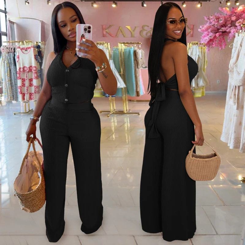 Pant Set Women Two Piece Sets Halter Neck Lace Up Shirt Backless Wide Leg Long Pants Elastic Waist Y2k Streetwear Casual Spring