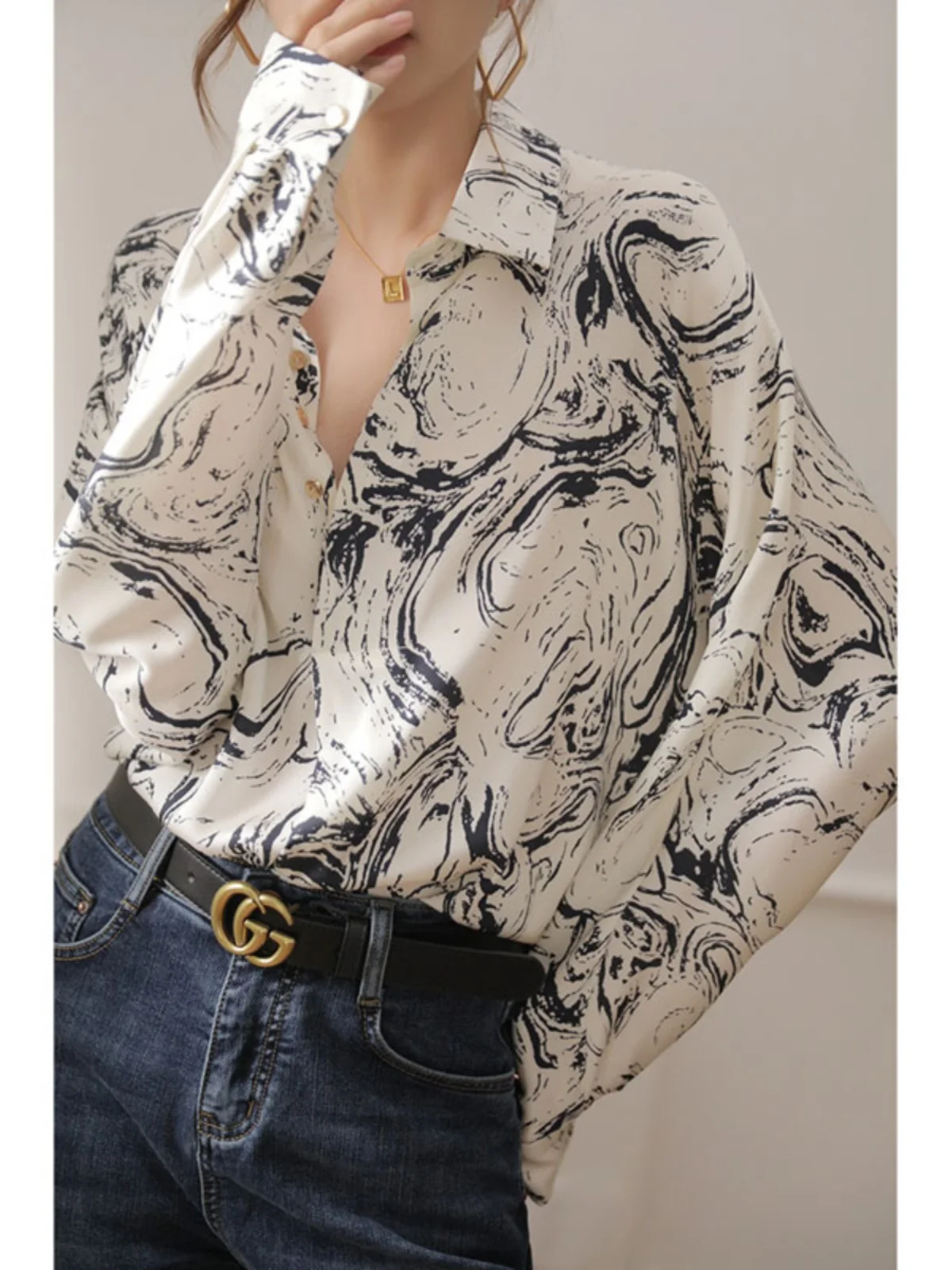 

New Chinese Sle High End Sumi Painting Women's Long Sve irt Spring Autumn High Sensation Top Korean Loose Fit Bu...