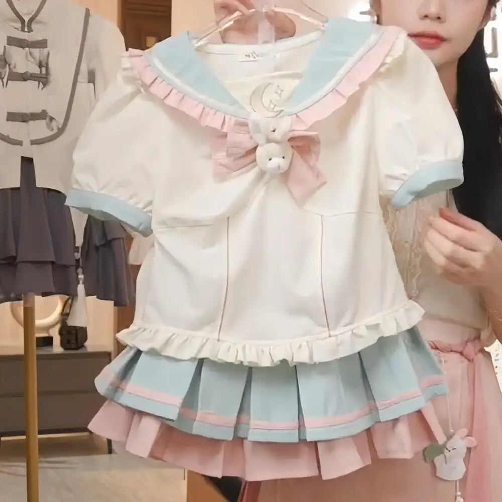 Girls Preppy Style Short Sleeve Skirt Two Piece Sets Japanese Student Jk Uniform Cute Princess Style Summer Children's Clothing