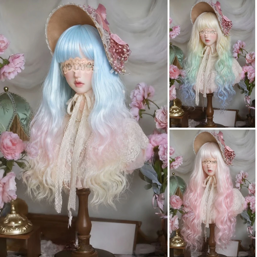 BJD Doll Wig 3/4/6 Points Dyed Gradient Flat Bangs Long Curly Hair Cute Wool Roll Baby Dressing Prop Soft Silk Fake Hair Cover