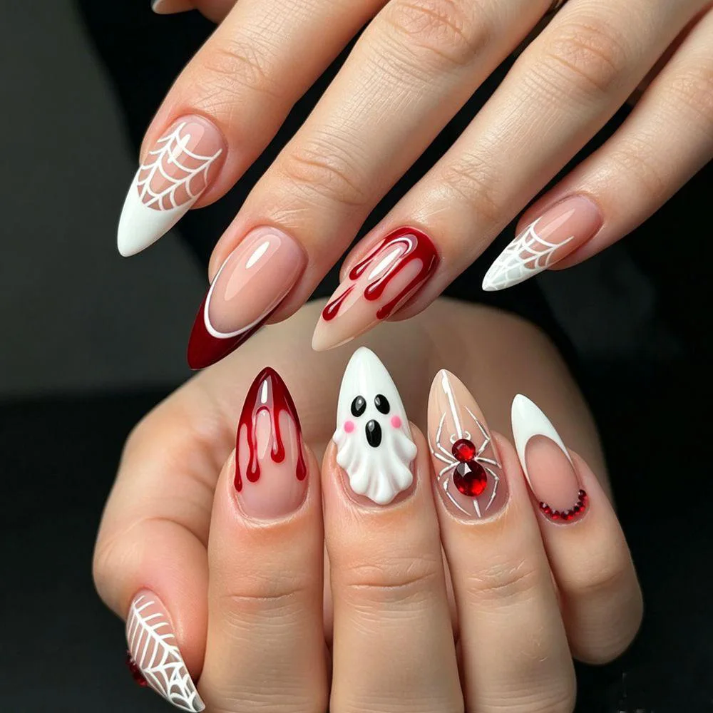 24Pcs Halloween Press On Nails White French Tip Burgundy Blood Drip Spider Web Spider Ghost Almond Fake Nails for Women
