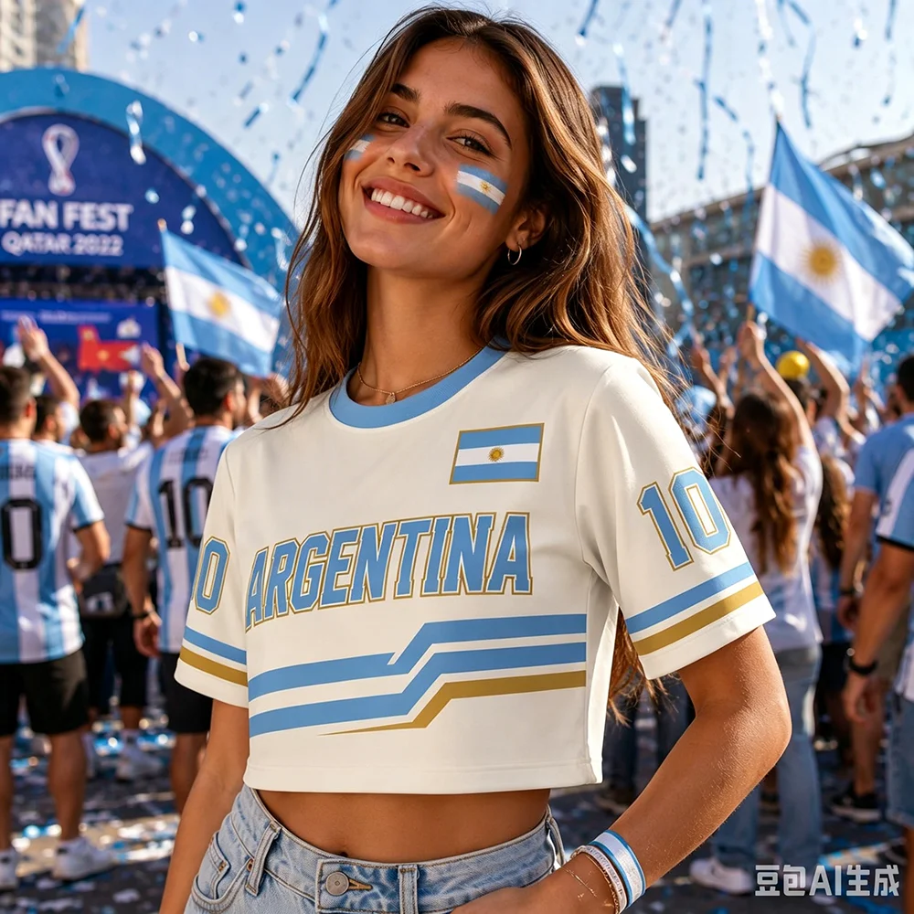 2026 Neues Argentinien Fußball Crop Top Trikot Junggesellinnenabschied Fußball-Fan-T-Shirt Damen Fanwear Kurzarm Team Sportbekleidung Fan-Ausrüstung