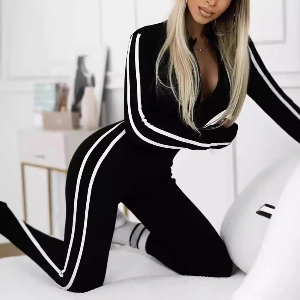 Skinny Women Sport Jumpsuit Striped Zipper Compression Gym Fitness Outfit Elastic Mid Waist Solid Color Jumpsuit Spring