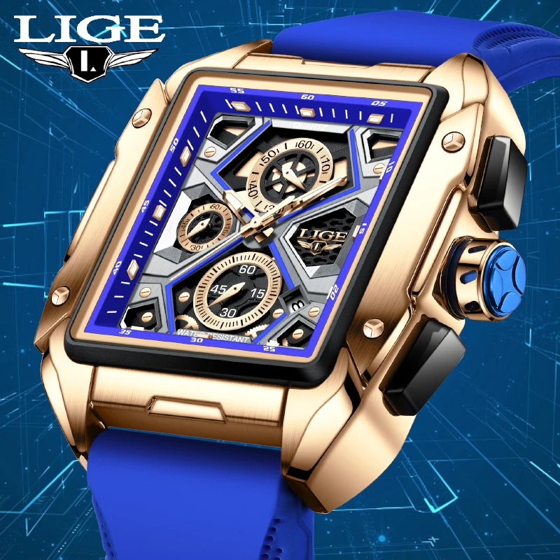 

LIGE Fashion Luxury Man Watches Silicone Square Hollow Waterproof Luminous Quartz Watch for Men Casual Sport Clocks Chronograph